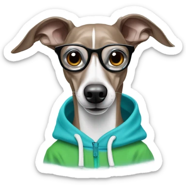 Italian Greyhound showing his teeth wearing a cyan hoodie and glasses sticker