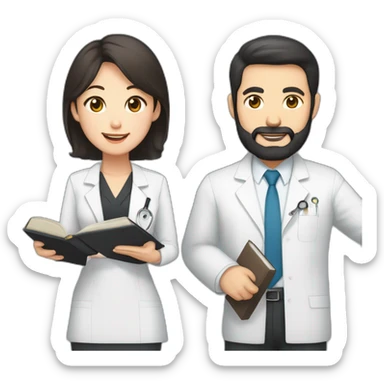 husband american age 50 dark brown hair trimmed beard wearing dark business suit holding bible together, wife asian age 50 black hair wearing nurse uniform, no children sticker