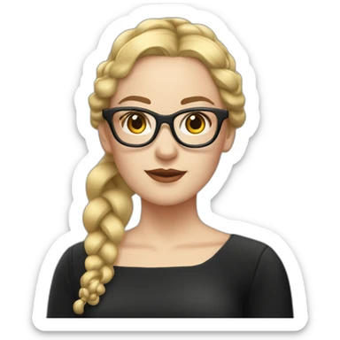 white woman with blonde pigtail braids and large dark rimmed glasses and a square neckline black dress sticker
