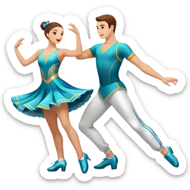 Icon for Sports Dance: a couple performing an energetic and synchronized dance, dressed in competitive dance attire, dance shoes, a rhythmically placed dance floor, and a competition backdrop. The icon should capture the athleticism, technique, and precision of sports dance. Transparent background. sticker