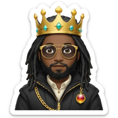 African American man with beardwith shoulder length black dreadlocks wearing black sunglasses with black bubble winter coat weariring a crown on his head sticker