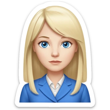40 yr old white woman, pale skin, long straight blond hair parted in center, blue eyes, bangs, dress clothes for work sticker