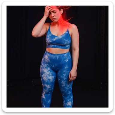 Realistic style edit of the girl identical to the photo with one hand on the forehead and a suffering face, pain symbols like red lights and lightning on neck and head. sticker