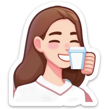 woman with pale skin and brown long thin straight hair wearing a white woolly shirt drinking coffee from a light pink takeaway cup eyes closed but smiling sticker