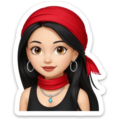a pretty bratz girl with long black hair, kajal under eyes, small silver hoop. black tank top on. Red scarf around neck sticker