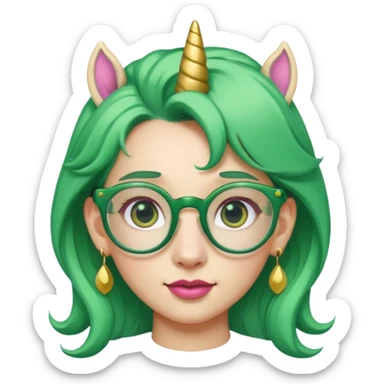 unicorn with green hair and big earrings looking into camera and spectacle sticker