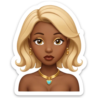 darkskin female with eyebrows that are naturally shaped and frame eyes well, eyes that are almond-shaped with defined lashes. nd lips are full with a defined cupid’s bow, add also a septum piercing that adds an edgy, stylish flair. a middle-part, honey blonde bust-down with laid baby hairs sticker
