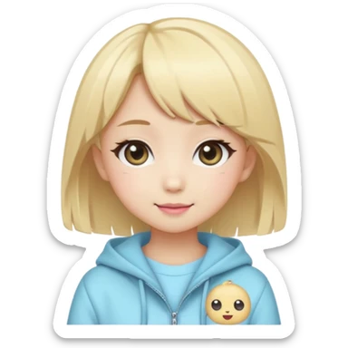 Cute kawaii emoji-style Japanese K-pop girl, blonde hair, trendy K-pop outfit with Japanese cute fashion vibes, big sparkling eyes, chibi proportions, clean lineart, pastel colors, cheerful idol smile, sticker/emoji style, transparent background sticker