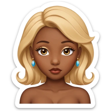 darkskin female with eyebrows that are naturally shaped and frame eyes well, eyes that are almond-shaped with defined lashes. nd lips are full with a defined cupid’s bow, add also a septum piercing that adds an edgy, stylish flair. a middle-part, honey blonde bust-down with laid baby hairs sticker