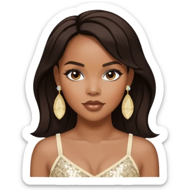LeToya Luckett with long dark brown hair, ivory sequin crop top, ivory earring sticker