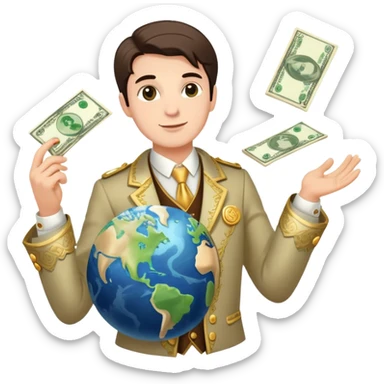 rich person holding the earth in one hand, dressed in fancy clothes with money flying around sticker