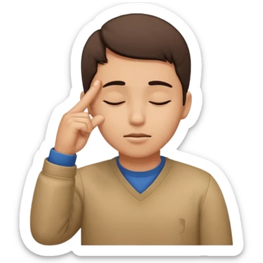 Una persona tocándose la cabeza por la 100 con un dedo índice y los ojos serrados  por arriba de la oreja con una sola mano sticker