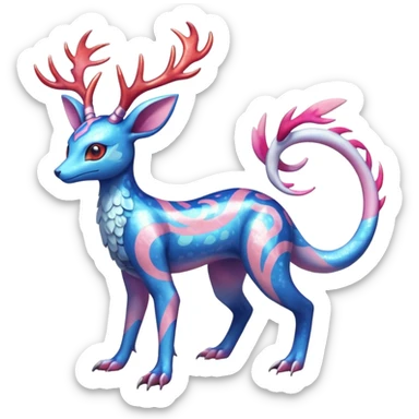 Shiny Heliolisk-Sylveon-Salandit-Amaura-Fakémon-hybrid-creature (full body)  with antlers sticker