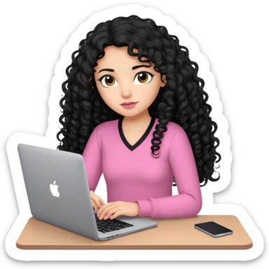 a girl typing mac book with long black curly hair and brown eyes with black eyeliner, pink shirt sticker