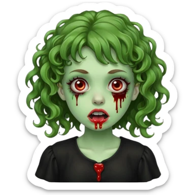 Green zombie emoji girl with curly Brown hair, with curly bangs, wearing a black bluse, blood Just in the tongue sticker