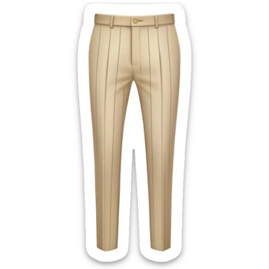 beige formal pants with white vertical pinstripes as a decorative pattern, thin white stripes running vertically on beige fabric, tailored trousers, isolated garment only sticker