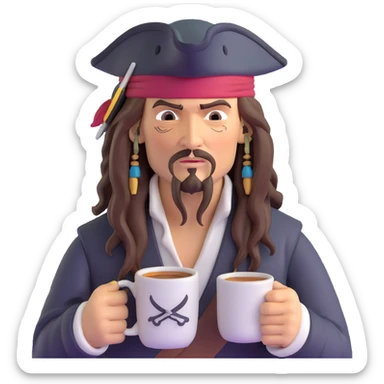 Captain Jack Sparrow as a serious coder with focused expression holding a coffee mug sticker