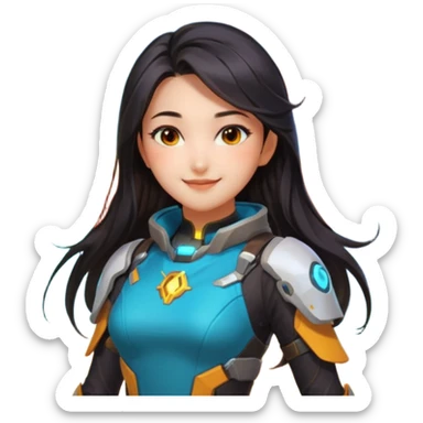 emojis.com an-asian-girl-with-dark-long-hair-and-dark-eyes,-wearing-futuristic-clothes-like-mercy-from-overwatch,-has-her-wings.-on-the-background-is-nebula-of-yellow,-orange,-red-and-turquoise-colours.-she's sticker