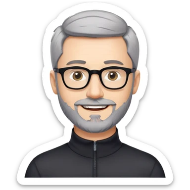 Caucasian man with very short cropped black hair, short beard with noticeable gray hairs, large black eyeglasses, cheerful expression, black athletic long sleeve shirt with quarter zip collar sticker