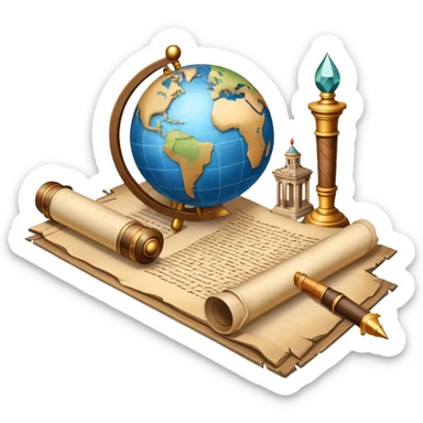 An icon featuring an ancient scroll, a quill pen, and a globe, symbolizing the study of history. The design includes a timeline with significant historical events, with ruins in the background to evoke past civilizations. Transparent background emphasizes the exploration of human history sticker