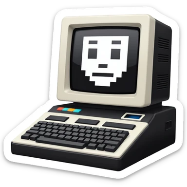 White and black 80s computer with face sticker