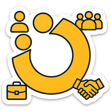 Create a minimalistic and abstract logo design with a dominant orange-yellow color palette. Place the Volio logo from the reference image at the center as the main visual element. Integrate modern, symbolic icons representing CXO, such as a person, a group of people, a handshake, or a briefcase, in a clean and balanced layout. The design should be futuristic, tech-style, and high contrast against a white background. Keep the overall composition simple, professional, and visually striking. sticker