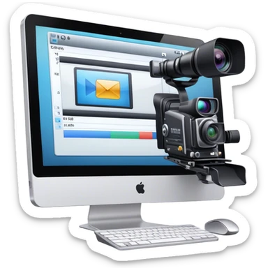 Create an emoji of video editing. Should feature a video editing timeline or interface on a computer screen, showing clips and a playhead. Include a video camera and editing tools. No smiley faces. Make the background transparent. sticker