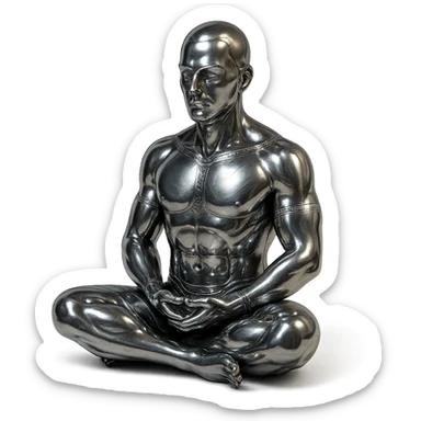 stylized chrome statue of a man meditating in the lotus position, futuristic and polished sticker