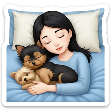 pretty asian girl with black hair sleeping in bed with small yorkshire terrier sticker