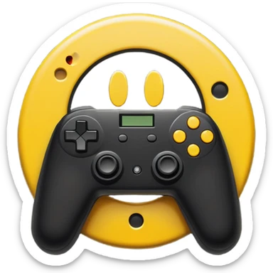 pixelated smiley face inscribed in letter O holding gamepad, retro style, black hole accretion disk shaped interference, minimalism sticker