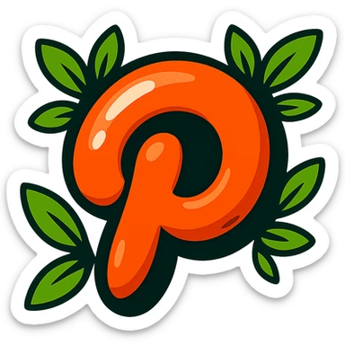 Plump, extra rounded cartoon-style Pinterest logo, soft and puffy, with bold black outline, expressive shadows, glossy highlights, and bright leaves around the logo. No sharp corners, no background. Match the reference style closely, emphasize contours, shadows, and highlights. sticker
