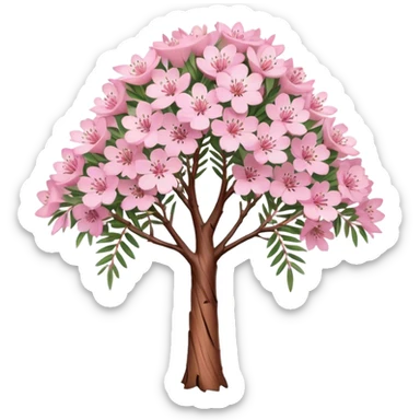 Cinematic Realistic Melaleuca Emoji, Elegant and resilient, with peeling, papery bark and delicate, needle-like leaves. The tree stands tall and graceful, with clusters of white and pink flowers dotting the branches. Soft glowing outline, capturing the essence of natural elegance and resilience in a beautiful melaleuca tree! sticker