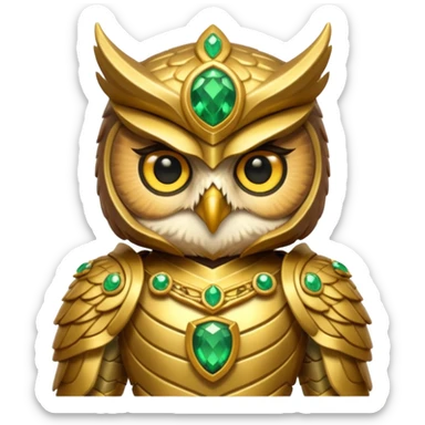 owl warrior wearing golden armor embedded with emerald jewels sticker
