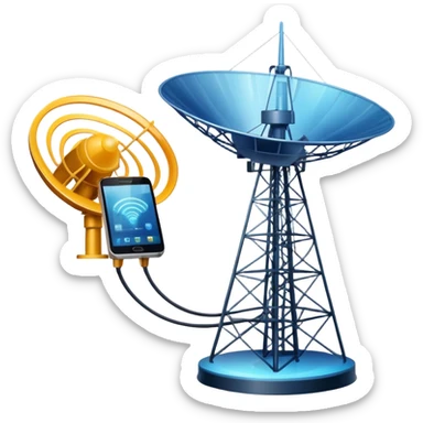 An icon featuring a satellite dish, a cell tower emitting signals, and a smartphone displaying a chat interface. The design includes fiber-optic cables and data waves, symbolizing global communication, connectivity, and information exchange. Transparent background. sticker