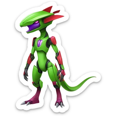 a purple-green-red Genesect-Raptor-Fakémon—hybrid with a futuristic visor-helmet full body sticker