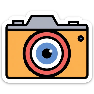 flat abstract camera with eye in lens, simple logo design sticker