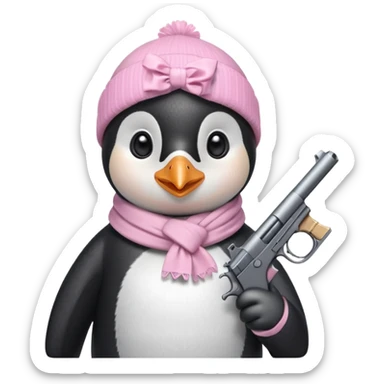 cute penguin wearing light pink bow scarf and holding light pink gun  sticker