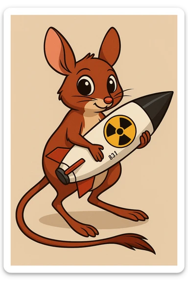 Сгенерируй красного тушканчика с ядерной бомбой в руках как на изображении. У тушканчика длинный хвост. На однородном фоне sticker