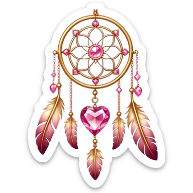 Reddish-pinkish and golden warm-colored romantic lush beautiful pretty hanging crystal-catcher aesthetic with hearts and sparkles and feathers sticker