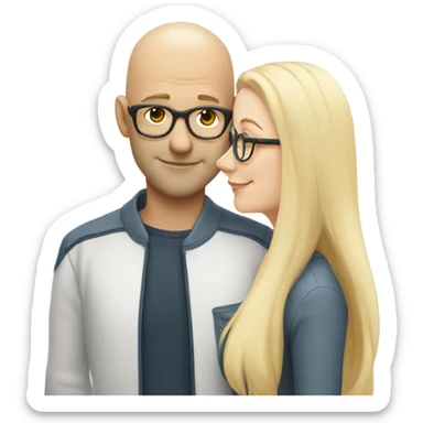 Clean shaven white Bald man wearing glasses kissing a white blonde woman with long hair sticker