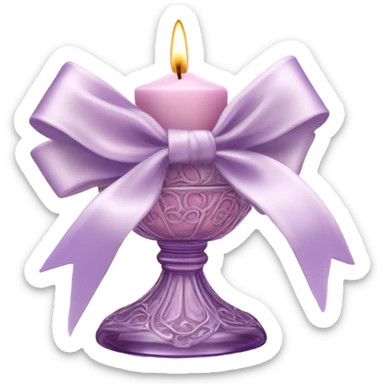 A soft pink candle in an ornate lavender glass holder, tied with a delicate satin bow. sticker