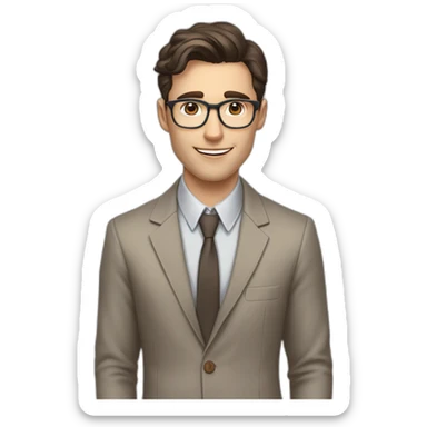 Pale skinned fit man with dark brown hair in gray jacket, beige office shirt, brown tie, brown pants and vintage glasses Writing on the flipchart sticker