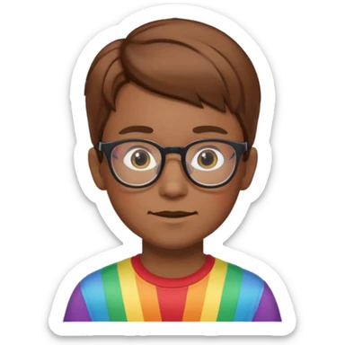 A nerd kid with glasses a brown side part and a rainbow shirt sticker