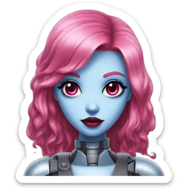 Robot young woman with this style : gothic Pin-Up pink eyes red mouth blue and long hair sticker