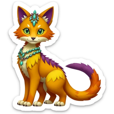 Kawaii cute reddish orangish yellowish greenish purplish exotic tribal beautiful pretty elegant divine edgy feline-vernid-sergal-Fakémon-Pokémon-Digimon-fursona-animal-creature with bracelet, necklace, full body, with intricate detailed markings sticker