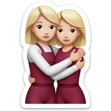 two girls who hug eachother. one has medium blonde hair with blonde highlights and very pale skin , other has medium skintone and blush and blonde hair. girl with medium blonde hair is wearing a white outfit and girl with blonde hair is wearing a burgundy outfit sticker