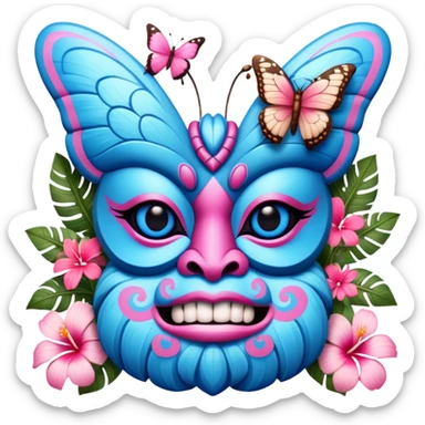 Pixar style little Blue and pink tiki singing with a butterfly and tropical flowers, ultra detailed and lifelike imagery, realistic sticker