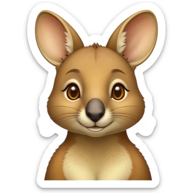 Cinematic Noble Wallaby Portrait Emoji, Poised and regal, with a compact, agile build and a soft, well-groomed fur of warm tan and light brown hues, deep-set soulful amber eyes and perky ears, Simplified yet sharp and sophisticated features, highly detailed, glowing with a soft, dignified glow, high shine, intelligent and spry, stylized with an air of bushland elegance, focused and attentive, soft glowing outline, capturing the essence of a watchful and confident marsupial, so majestic it feels as though it could hop out of the screen with effortless authority! sticker