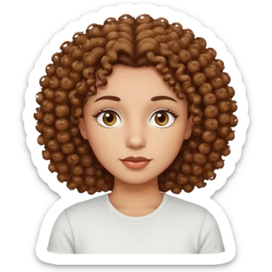 
professional, curly brown lady with hazel eyes, a little dot on the top of the left lip, a normal t shirst sticker