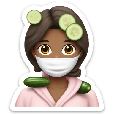 Brunette girl with a face mask on and cucumbers on her eyes and a light pink robe sticker